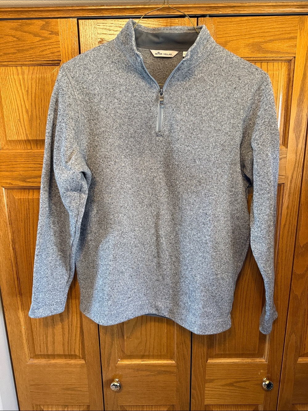 Peter Millar Men's Heather Gray Quarter-Zip Sweater EMBRD Flags on Sleeve- LG